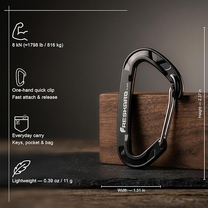 FresKaro 5pcs Nano Carabiner Clips, 8kN 1798lbs, Small Sturdy, Reliable Time-Tested Strong Spring Wiregate, Mini Size 2.37inch, Choice of 5colors