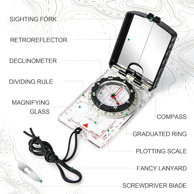 Orienteering Compass with Sighting Mirror - Adjustable Declination for Hiking & Backpacking - Reliable Emergency Backup for Scouts & Beginners