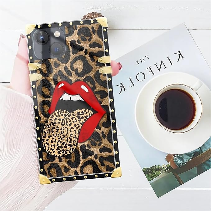 Compatible with iPhone 13 Case, Brown Leopard Print Mouth Luxury Golden Decoration for Girl Women Soft TPU Shockproof Protective Hard PC Back for iPhone 13