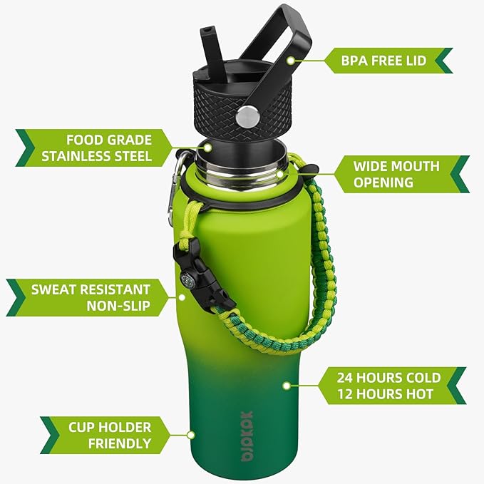BJPKPK Insulated Water Bottles with Straw Lid, 23oz Metal Water Bottle with 2 lids & Paracord Strap, Double Wall Stainless Steel Vacuum Tumblers, Cups, Mugs, Thermo for Hot& Cold Drinks, Bamboo Grove