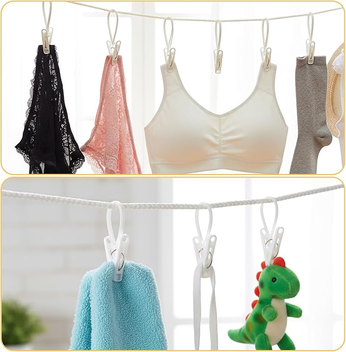 90 Pack Multi-Purpose Laundry Hooks Hanging Clips Bulk with Plastic Rope, White Clips for Hangers, Plastic Hanger Clip for Pants Hat Sock Boot Bra Towel Bathroom Wardrobe Kitchen (White)
