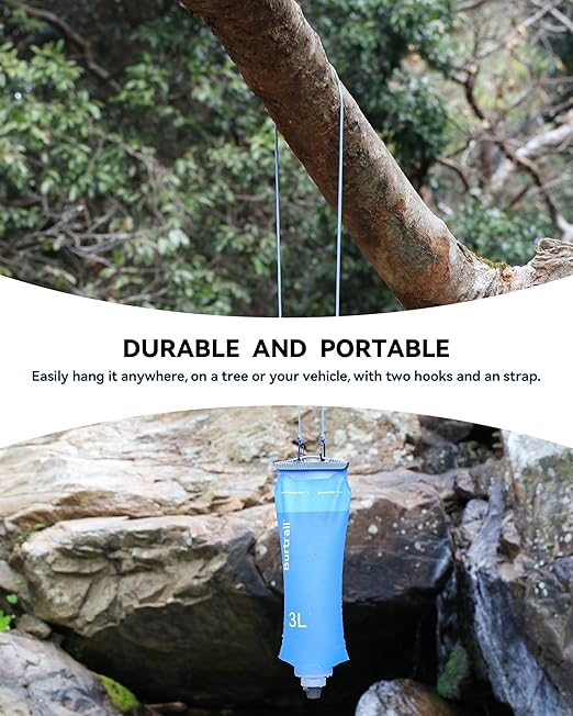 3L Gravity Fed Water Bag, Collapsible Portable Hydration Reservoir Compatible with 42mm Water Filter Cartridge for Camping, Hiking, Backpacking