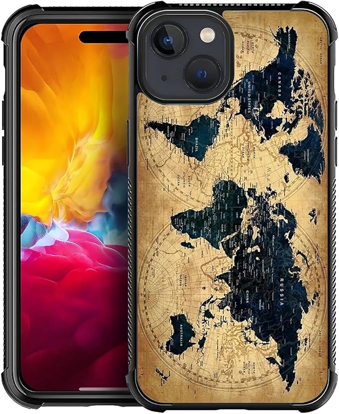 for iPhone 15 Plus Case, Brown World Map Pattern Made of Soft Silicone Hard Acrylic Shock Protection for iPhone 15 Plus