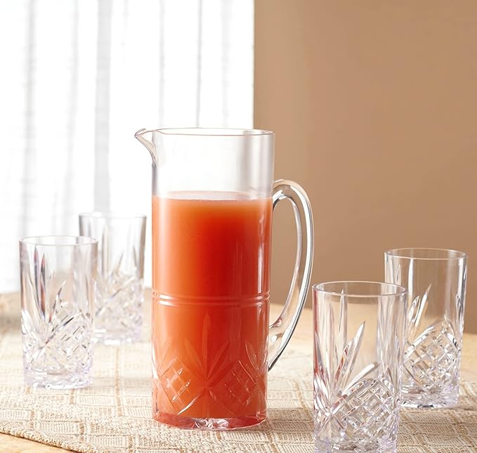 Godinger Pitcher and Highball Drinking Glasses Set, Acrylic Shatterproof Water Jug Pitcher with Tall Drinking Cups - Dublin Collection