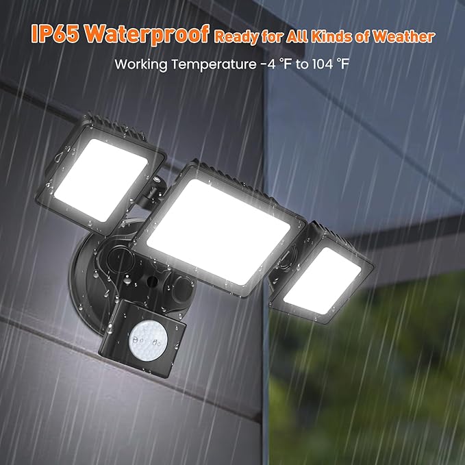 ALUSSO Motion Sensor Outdoor Lights 120V, 36W 3000LM Flood Lights Outdoor Motion Sensor with Remote, Dimmable Brightness 3000K-6000K CCT IP65 3 Heads Outdoor Flood Light for House Garage 2 Pack