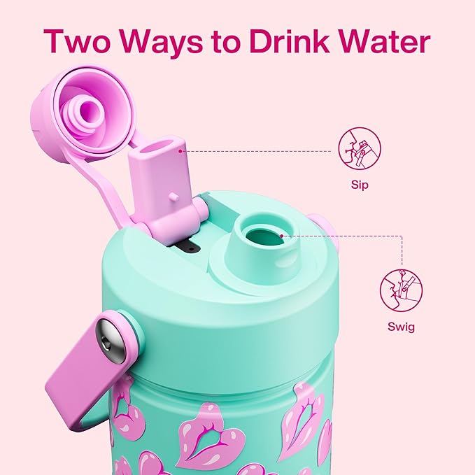 ENCOOL Valentine's Day Insulated Water Bottle with Straw Stainless Steel Water Bottle, Leak-Proof, BPA-Free, Keeps Cold for 24 Hours for Sports, Travel, School (26 oz, Kiss Love Violet x Mint)