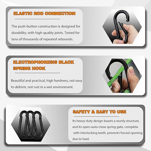 60PCS M8 Heavy Duty Carabiner Clip, 3Inch Snap Hook Quick Link Small Carabiner Clips,Spring Link Buckle for Fishing Camping Hammock Dog Leashes-550LBS Holding Capacity (Black)