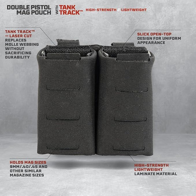 Double Pistol Magazine Pouch, Black, High-Strength Laminate Material, MOLLE Compatible, Magazine Retention System