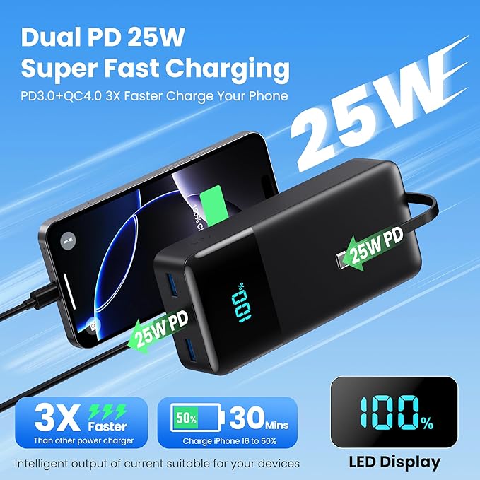Portable Charger 60800mAh Power Bank with 3 Built-in Cable,25W PD USB C Power Bank Fast Phone Charging,QC4.0 Travel Outdoor Essential Portable Phone Battery Pack for iPhone 17/16/15/14,Galaxy Android