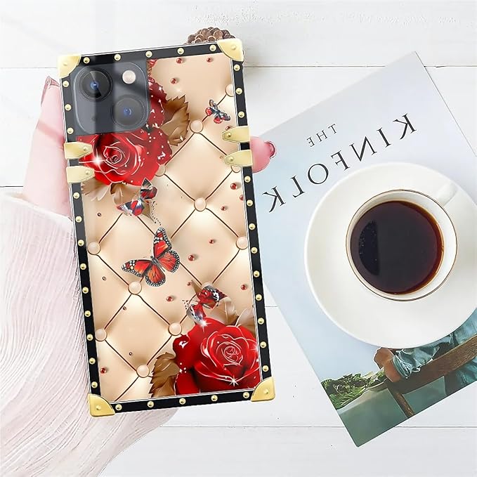 Compatible with iPhone 15 Case, Shining Red Rose Butterfly Leather Background Luxury Golden Decoration for Girl Women Soft TPU Shockproof Protective Hard PC Back for iPhone 15