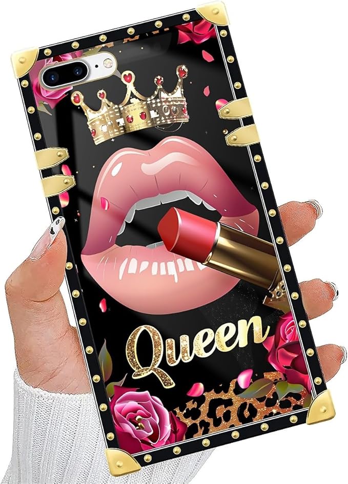 Compatible with iPhone 8 Plus 7 Plus Case, Glitter Red Rose Queen Leopard Lipstick Luxury Golden Decoration for Girl Women Soft TPU Shockproof Protective Hard PC Back