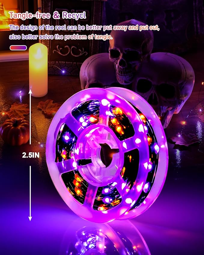 JMEXSUSS 2 Pack Solar Halloween Lights Outdoor Waterproof, Total 66FT 200 LED Orange and Purple Halloween Lights, 8 Mode Black Wire Solar Fairy String Light for Outside Yard Spooky Party Decorations