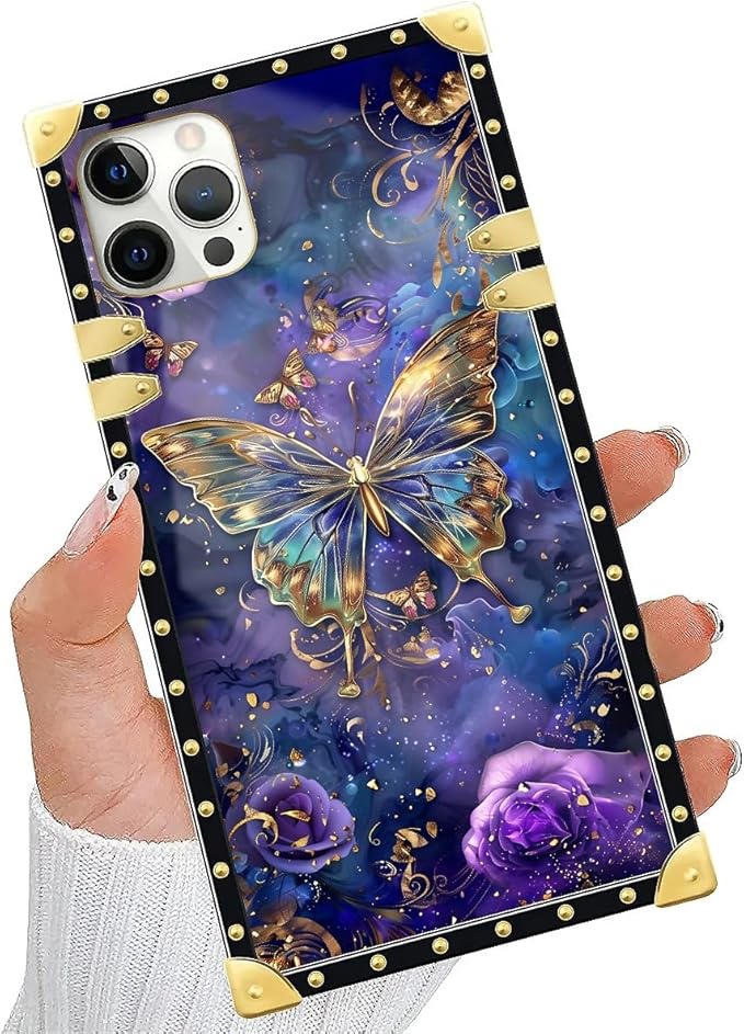 Compatible with iPhone 11 Pro Max Case, Glistening Golden Butterfly Vibrant Purple Blue Luxury Golden Decoration for Girl Women Soft TPU Shockproof Protective Hard PC Back