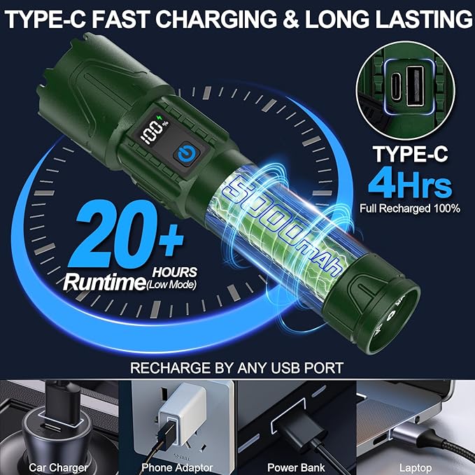 Rechargeable Tactical Flashlights 2000 High Lumens - 5000mAh Super Bright LED Powerful Flash Light, Waterproof Handheld USB C Flashlight for Home,Car,Camping,Emergencies,5 Modes,Zoomable (2, Green)