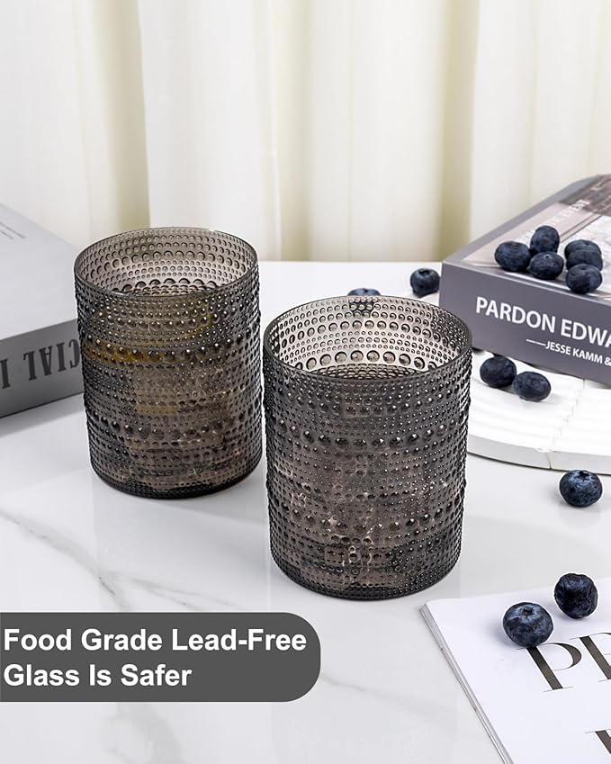 YOUBET 24PCS Plastic Drinking Glasses - 14OZ Black Hobnail Drinkware Glasses - Vintage Glassware Textured Beaded Cups for Water, Beer, Whiskey, Juice and Various Mixed Drinks for Party Graduation