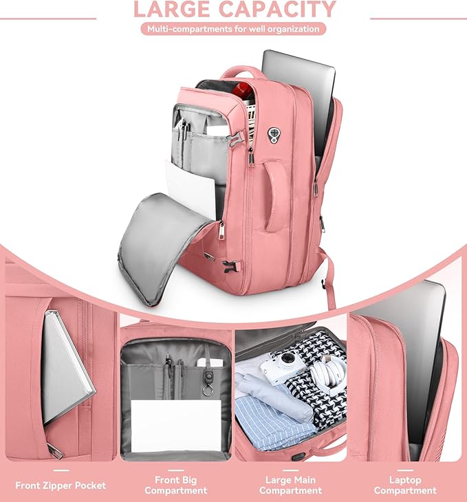 AREYTECO Travel Laptop Backpack for Women, 50L Expandable Extra Large Backpack,Carry On Backpack, Water Resistant Big Bag Anti-Theft Business Daypack Fits 17 Inch Laptop, Pink