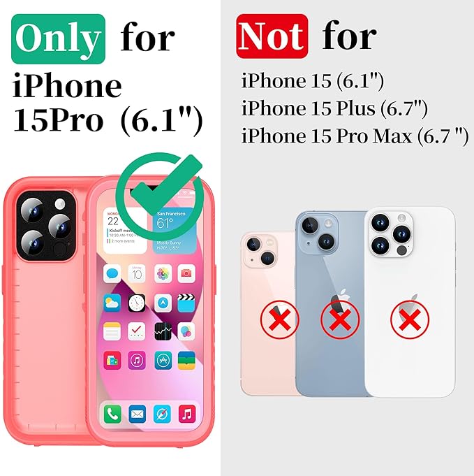 Cozycase for iPhone 15 Pro Waterproof Shockproof Dustproof Case - Heavy Duty/360 Full Body/Military Grade/Protective/Rugged 【8FT Drop Proof】 Built in Screen/Camera Protector with Lanyard Pink