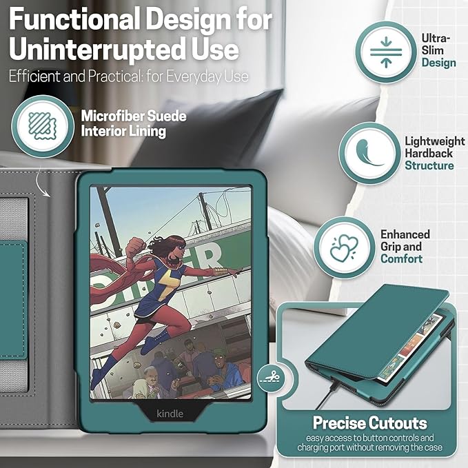 TNP Stand Case for Kindle Paperwhite 12th Generation 2024 / Kindle Colorsoft Signature Edition with Hand Strap & Card Slot - 7" PU Leather Protective Folio Cover with Auto Wake/Sleep, Dark Green