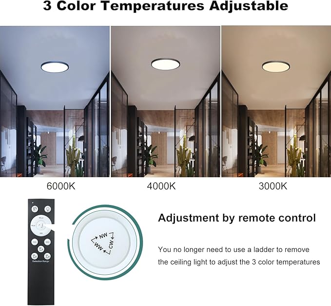 2 Pack Motion Sensor Ceiling Light with Remote,24w Flush Mount Light Fixture Round,Motion Sensor Light Indoor Wired for Hallway Porch Laundry Garage Basement,Motion Light 3000k/4000k/6000k Black