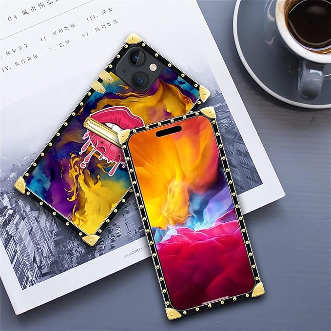 Compatible with iPhone 15 Case, Cool Corlorful Lip Marble Luxury Golden Decoration for Girl Women Soft TPU Shockproof Protective Hard PC Back for iPhone 15