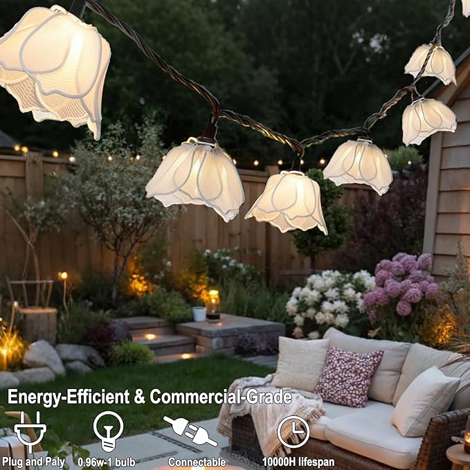 TWINKVILLA Decorative String Lights Plug in with 10 Bulbs, Flower Garland Fairy Lights Connectable Weatherproof Outdoor Indoor for Wedding Garden Pergola Bedroom Porch Floral Home Decor (White)