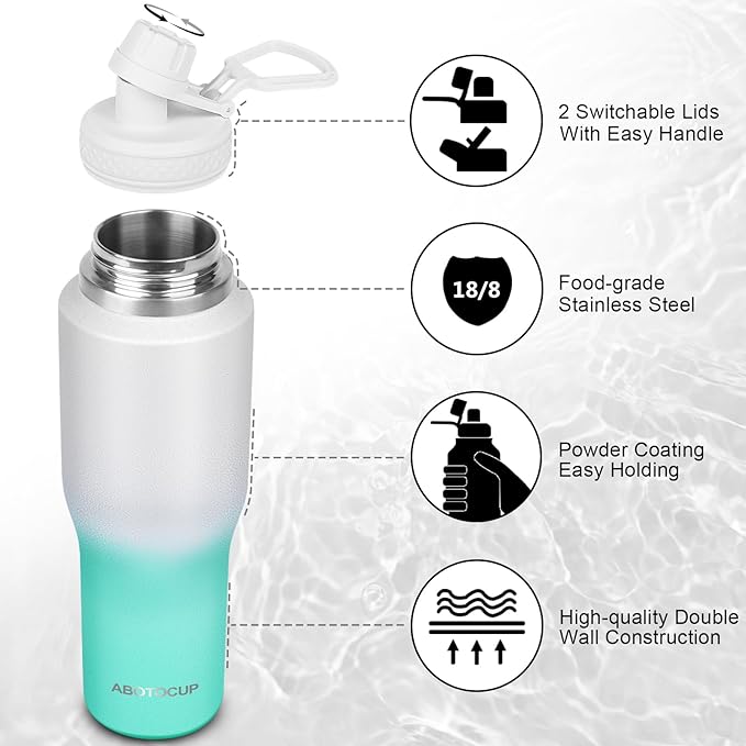 ABOTOCUP 32oz Insulated Water Bottle, Fit in Any Car Cup Holder, Water Bottle with Straw Lids, Stainless Steel Insulated Water Flask Double Wall Leak-proof BPA Free to Keep Cold&Hot