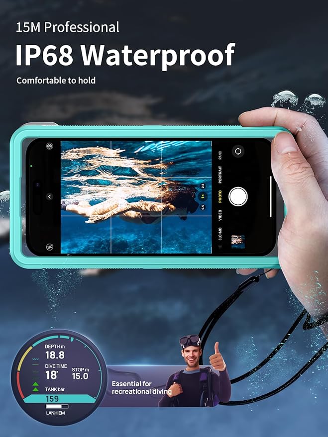 Lanhiem Snorkeling Underwater Phone Case for Diving, IP68 Professional Universal Waterproof Outdoor Video Photo Cellphone Case with Lanyard for iPhone Galaxy Pixel Moto All Series (Clear/Blue)