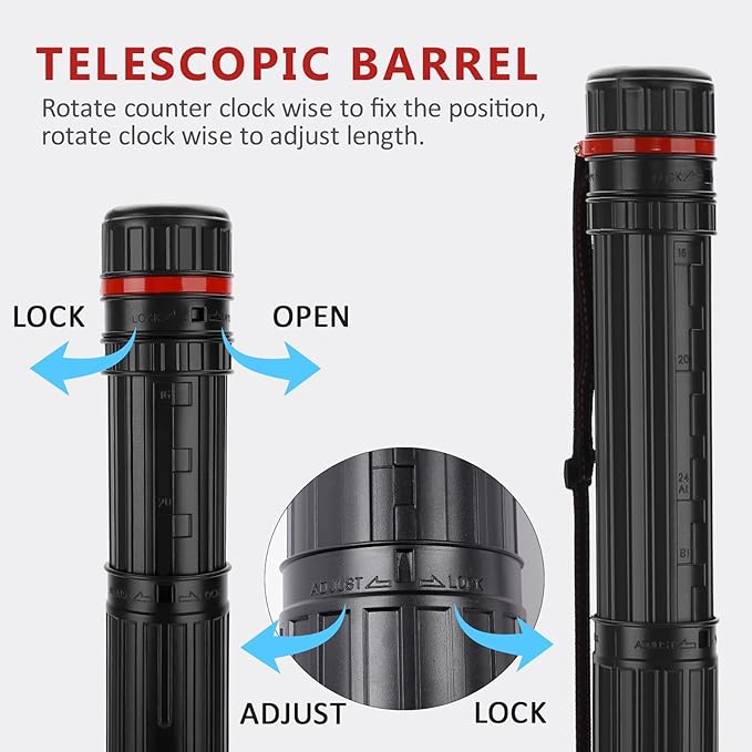 DEWEL Post Tube Expands from 30”to 51”, Waterproof Blueprint Holder Telescoping Art Tube, Large Plastic Black Fishing Rods Case Storage Tube, Light Resistant Drawing Tube with Strap (XL Size)