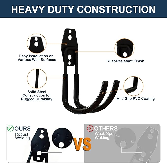 Garage Hooks Heavy Duty, 6 Pack Large Round Steel Garage Storage Hooks with Anti-Slip Coating, Multi-Purpose Ladder Hooks for Hanging Garden Tools, Hoses, Bikes and Folding Chairs (Black)