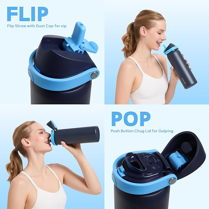 32 oz Insulated Water Bottle for Travel, 2-in-1 Quick Flip Straw and Push Button Spout Lid, Triple Walled Vacuum Stainless Steel Keep Cold for 30Hrs, Leakproof, for Gym, Hiking, Trip, Blue