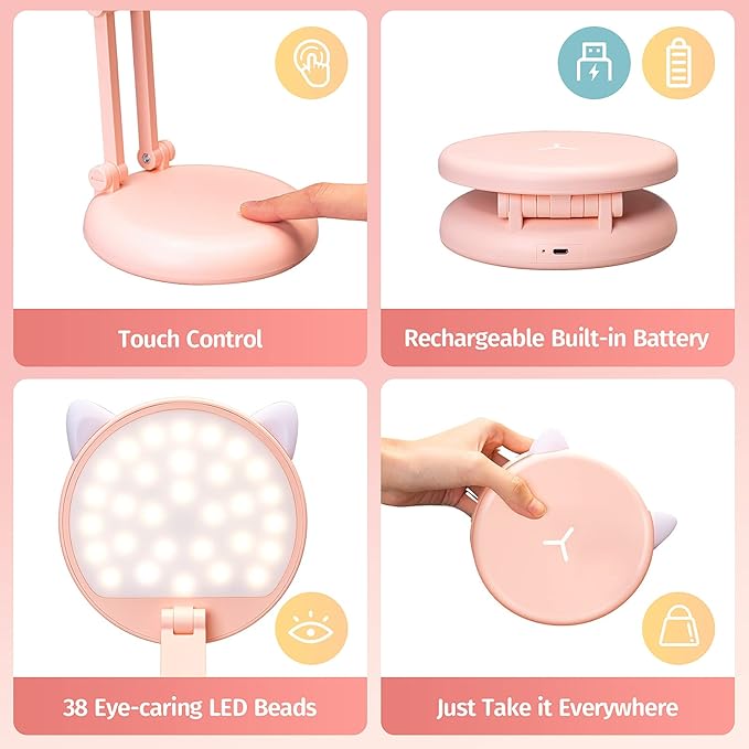 One Fire Cute Desk Lamp Pink Dorm Lamps for College Girls Foldable Portable Rechargeable Dimmable Cute Cat Lamp Kawaii Room Decor,College Dorm Decor for Girls Pink Classroom Essentials