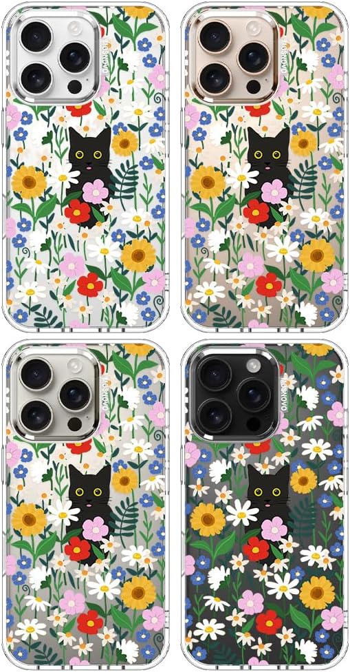MOSNOVO Case for iPhone 16 Pro, [Buffertech 6.6ft Military-Grade Drop Protection] [Anti Peel Off Tech] Clear TPU Bumper Phone Case Cover Design - Black Cat in Garden