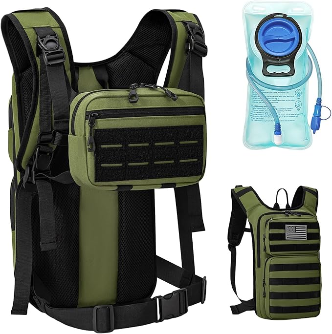 Koculemi Tactical Hydration Backpack with 2L Water Bladder and Front Small Tactical Pouch, Outdoor Water Backpack for Men Women, Sports Hydration Pack for Hiking, Cycling, Climbing