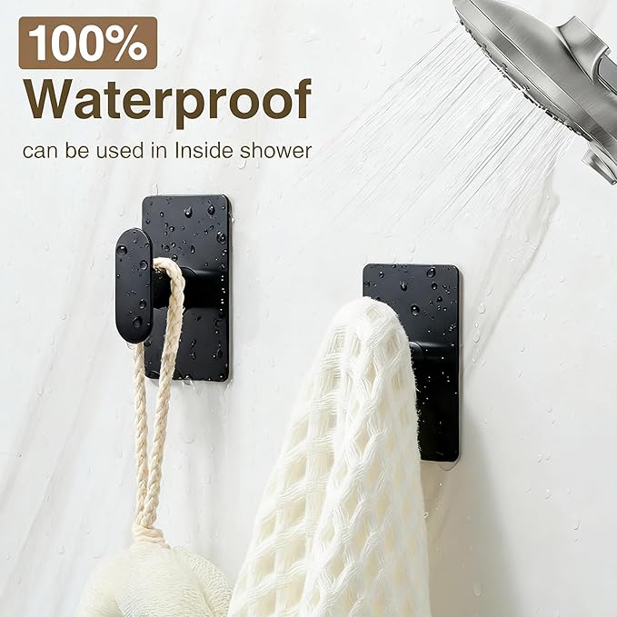 pickpiff Adhesive Towel Hooks for Bathroom: 20LB Extra Strong Wall Hanger for Shower Kitchen RV Dorm Apartment, Black 8 Pack