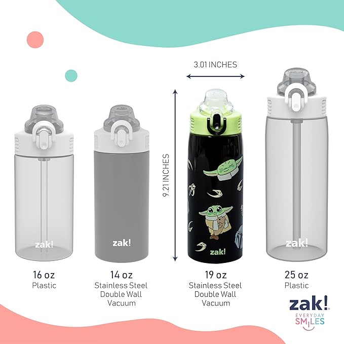 Zak Designs Star Wars The Mandalorian Sage Kids Water Bottle For School or Travel, 19oz Stainless Steel Water Bottle With Straw, Handle, and Leak-Proof, Pop-Up Spout Cover (Grogu, Din Djarin)
