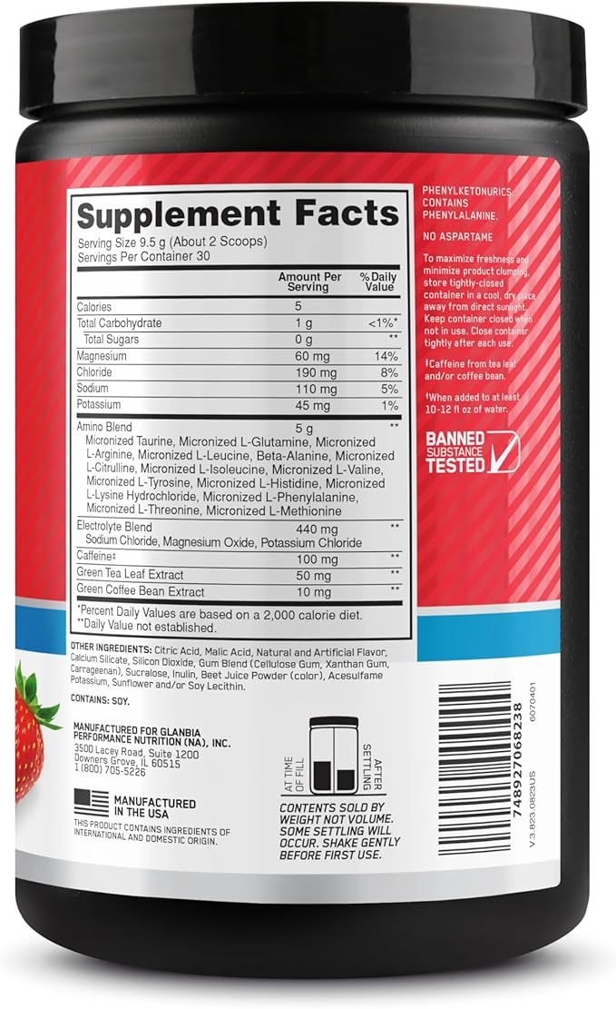 Optimum Nutrition Amino Energy Powder Plus Focus, with BCAA, Electrolytes, and Caffeine, Juicy Strawberry, 30 Servings (Packaging May Vary) (Pack of 6)