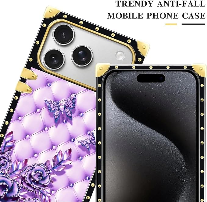 for iPhone 17 Pro Max Case Luxury Golden Decoration for Girl Women Soft TPU Shockproof Protective Hard PC Back for iPhone 17 Pro Max Crazy Pattern Purple Butterfly Flowers Leaf