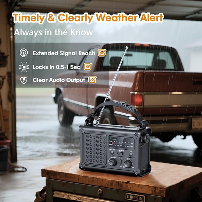 Raynic NOAA Weather Radio 12000mAh, Emergency Weather Radio with 2X Faster Solar & Hand Crank Charging, 5W Flashlight, Reading Lamp, Cell Phone Charger, SOS for Hurricane, Storm, Camping (Black)