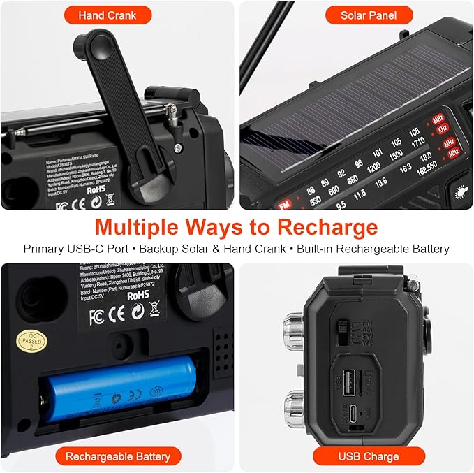 Hand Crank Emergency Weather Radio with 2600mAh/9620mWh Power Bank, NOAA AM FM Shortwave Portable Radio, Solar & USB-C Charging, Flashlight, SOS Alarm for Emergency Kits (Black)