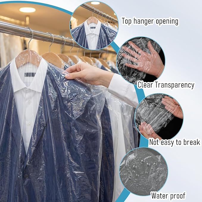 200 Pack Dry Cleaning Garment Bags, 23.6 x 35.4 Inch Clear Plastic Dry Cleaners Bags for Hanging Clothes Dust Protection Clothes Covers for Travel Moving, Home Storage (Hanger Not Included)