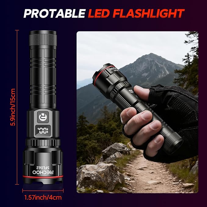 RECHOO Rechargeable Flashlights 1 Pack, Super Bright High Lumens LED Flashlight with LCD Digital Display, 3 Lighting Modes & Zoomable Handheld Flash Lights for Home Camping Emergency