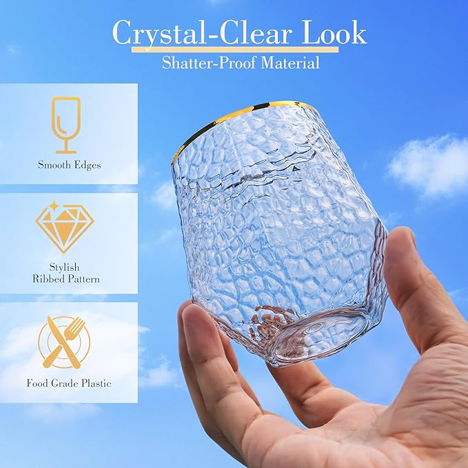 48 Pack Plastic Wine Glasses – 24 x 9oz Stemless Champagne Flutes & 24 x 12oz Disposable Wine Glasses – Elegant Disposable Plastic Cups with Gold Rim – BPA-Free Drinkware for Weddings, Parties-Spiral