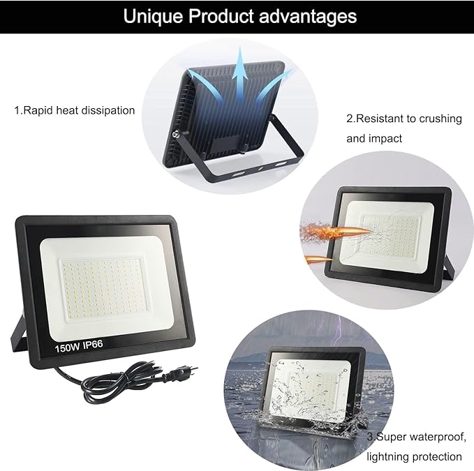 2Pack LED Flood Light Outdoor,250W LED Work Light 26500lmwith 6FT US Plug,IP66 Waterproof Exterior Security Lights,6000K Daylight White Outside Floodlights Slim Design for Playground Yard