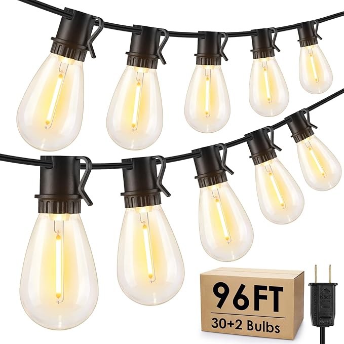 Larkvue 96FT LED Outdoor String Lights, Waterproof Patio Lights with 30+2 2700K Dimmable Shatterproof Edison Hanging Bulbs for Backyard Party-Black