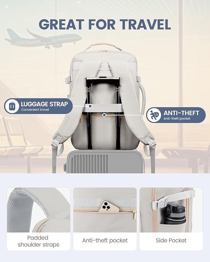 LOVEVOOK Travel Backpack for Women & Men 50L,Airline Approved Carry On Backpack Travel Essentials,TSA Carry on Luggage,Waterproof Personal Item Travel Bag,Suitcase with 3 Packing Cubes,Light gray-Pink