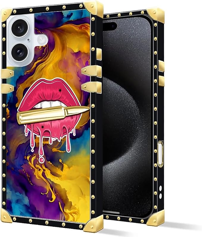 Compatible with iPhone 16 Plus Case, Cool Corlorful Lip Marble Luxury Golden Decoration for Girl Women Soft TPU Shockproof Protective Hard PC Back for iPhone 16 Plus