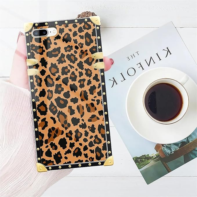 Compatible with iPhone 8 Plus 7 Plus Case, Brown Leopard Texture Luxury Golden Decoration for Girl Women Soft TPU Shockproof Protective Hard PC Back for iPhone 8 Plus 7 Plus
