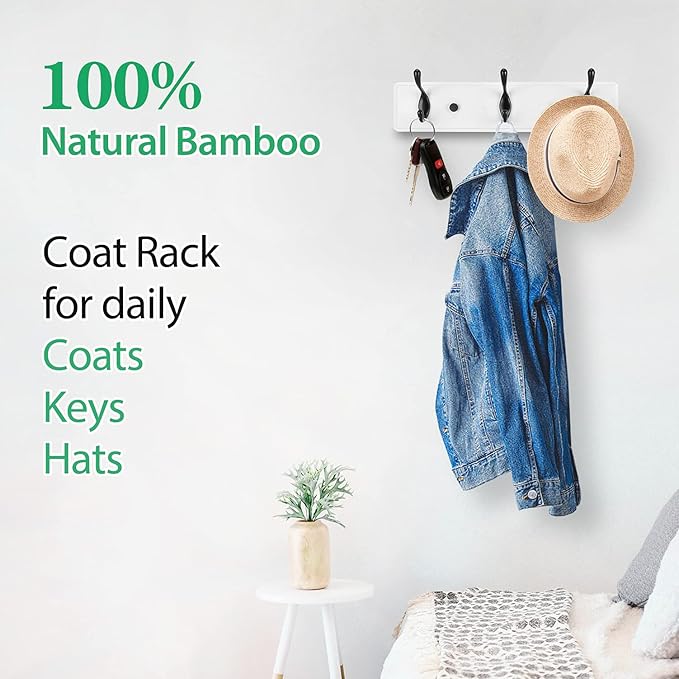Badiano Wooden Coat Rack, Wall-Mounted Organizer for Closet, Entryway, Hallway, Foyer, Bedroom, Heavy Duty Double Hooks for Hanging Towels, Bags, Hats, Jackets, Key (WhiteBlack, 3 Hooks)