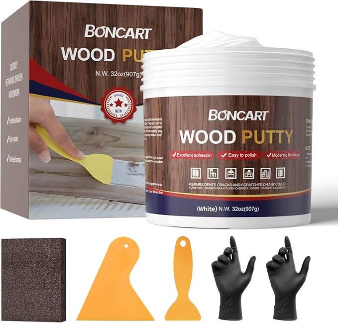 Boncart 32oz Wood Filler Putty - White, Paintable Furniture Repair Kit for Quickly Fixing Broken and Defective Wooden Furniture, MQNZ-08
