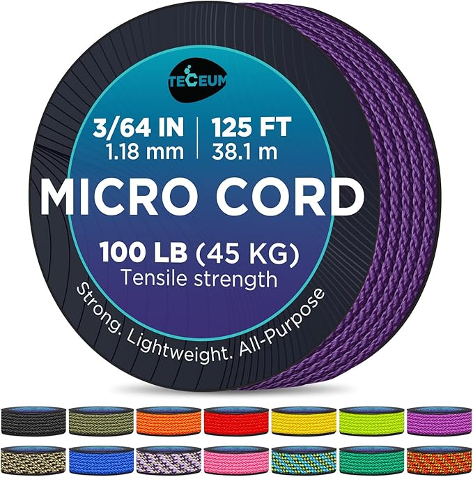 TECEUM Micro Paracord – 1.18 mm X 125 ft – Micro Utility Cord – Thin Braided Paracord Rope – Best for Crafting, DIY Projects, Fishing, Camping – Wind Chime Replacement – Survival Strong String